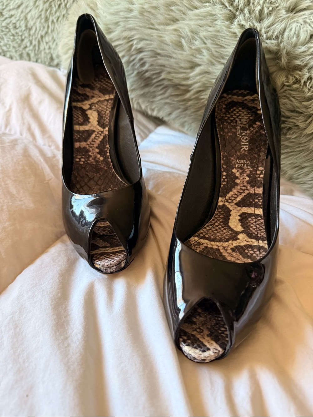 Black Patent Peep-Toe Heels with Snakeskin Insole